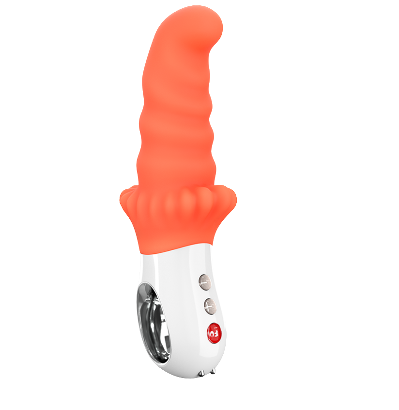 Moody Body safe Vibrator. With a curved tip and ribbed shaft. The flared textured base makes it perfect for all internal pleasure!